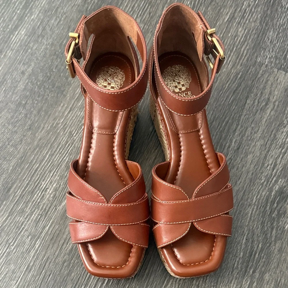 Vince Camuto Cognac Leather Platform Wedge Sandals with Ankle Strap